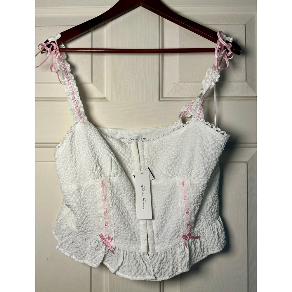 All in Favor L White Seersucker Corset Crop Top Pink‎ Ribbon Cottagecore NWT